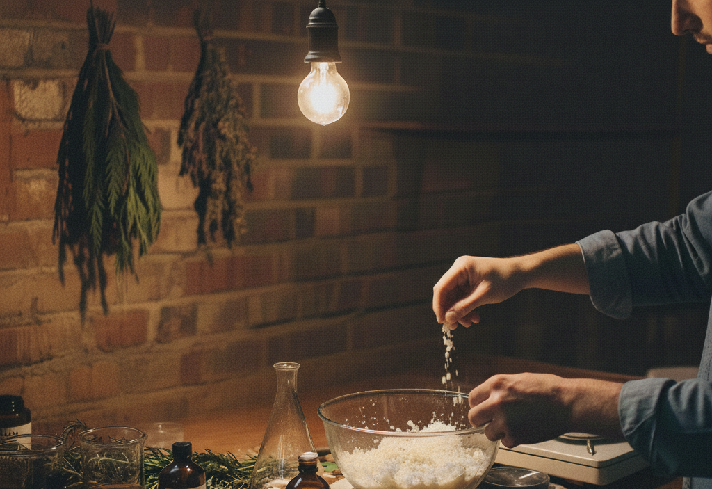 Person preparing ingredients on a wooden table with a warm, rustic ambiance.