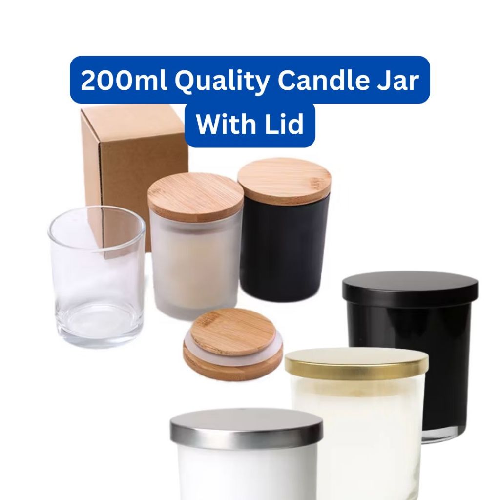 Matte Black and Frosted White Transparent Candle Jar with Bamboo Wooden Lid Cap 200ml 7cm x 9cm Candle Glass 7cm x 8.4cm